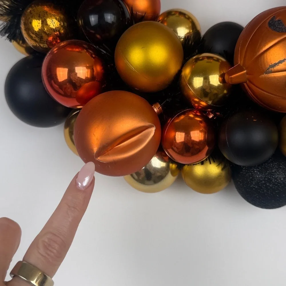 Halloween Shatterproof Ornament  Orange Black Gold Shiny Wreath Festive Spooky